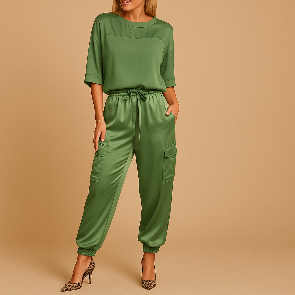 Elegant satin two-piece set for women with half-sleeve top and straight-leg pants, perfect for formal events or relaxed evenings.