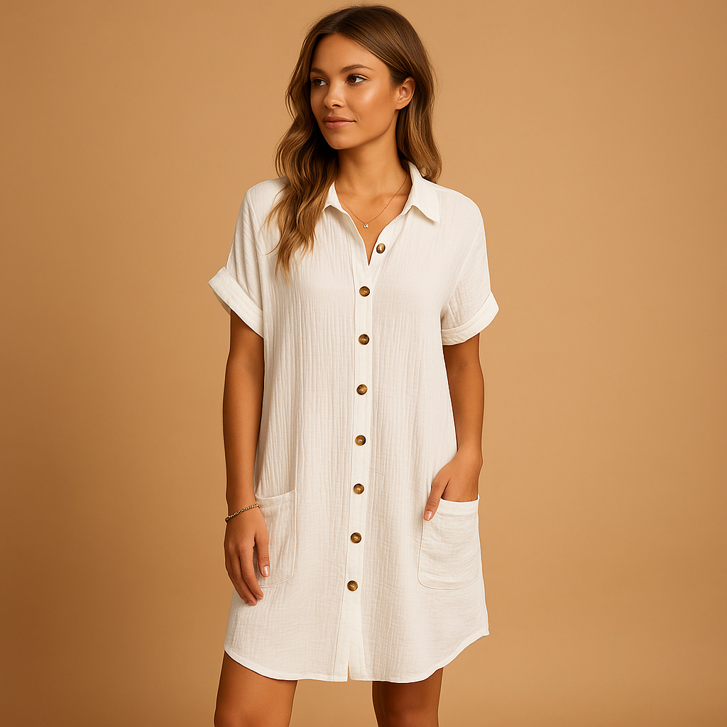 Shirt style midi summer dress for women with button-down front and relaxed fit, perfect for warm days, vacations, and casual outings.