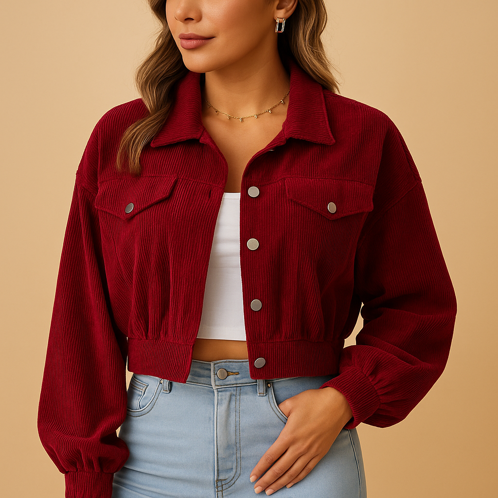 Short corduroy jacket for women with cropped fit, ribbed texture, and silver buttons for an elegant modern look.