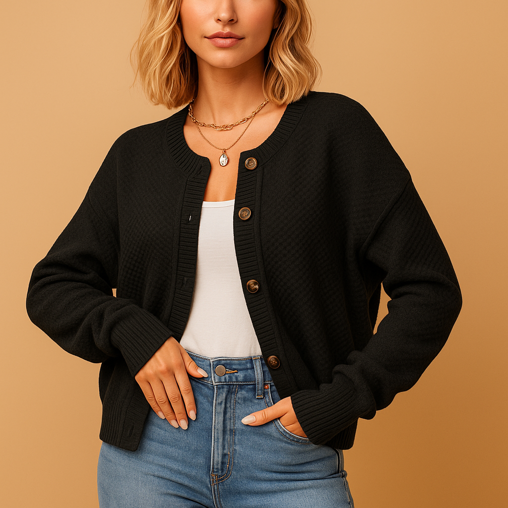 Short knit cardigan with buttons for women featuring a compact fit and soft knit fabric, perfect for layering with casual or office outfits.