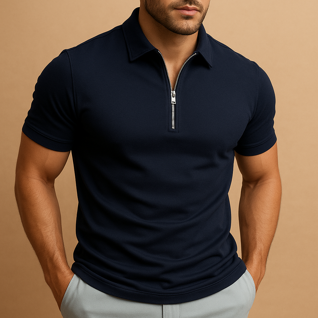 Men’s slim fit polo shirt with zipper at the neck, made from breathable stain- and odor-resistant fabric, perfect for work, leisure, or casual occasions.