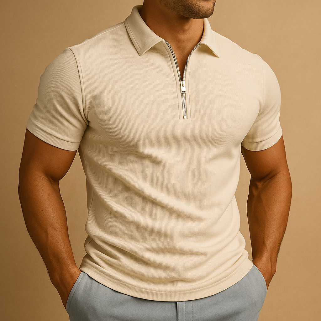 Men’s slim fit polo shirt with zipper at the neck, made from breathable stain- and odor-resistant fabric, perfect for work, leisure, or casual occasions.