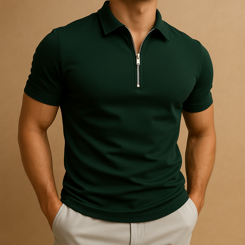 Men’s slim fit polo shirt with zipper at the neck, made from breathable stain- and odor-resistant fabric, perfect for work, leisure, or casual occasions.