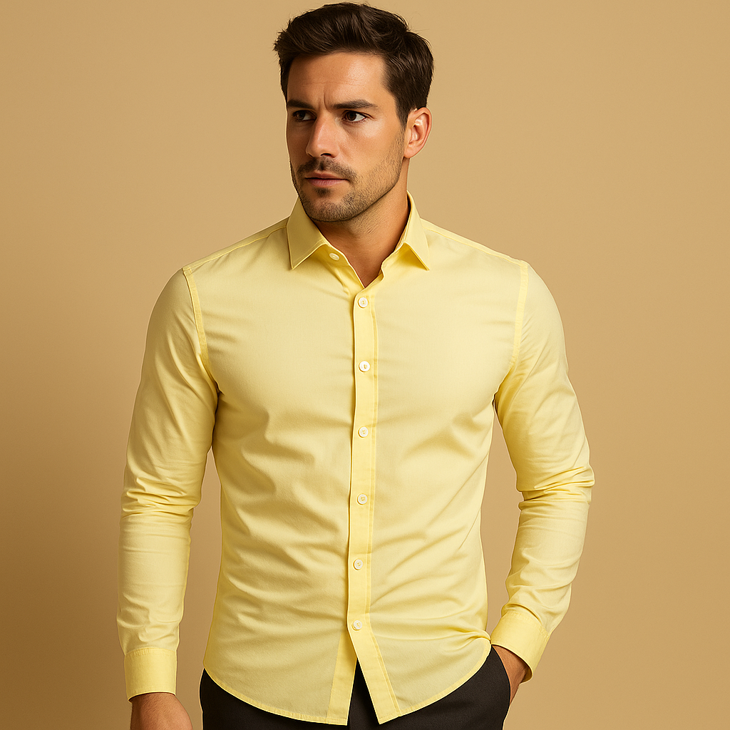 Men’s slim fit dress shirt in breathable cotton with classic turndown collar, perfect for office days and stylish casual outfits.