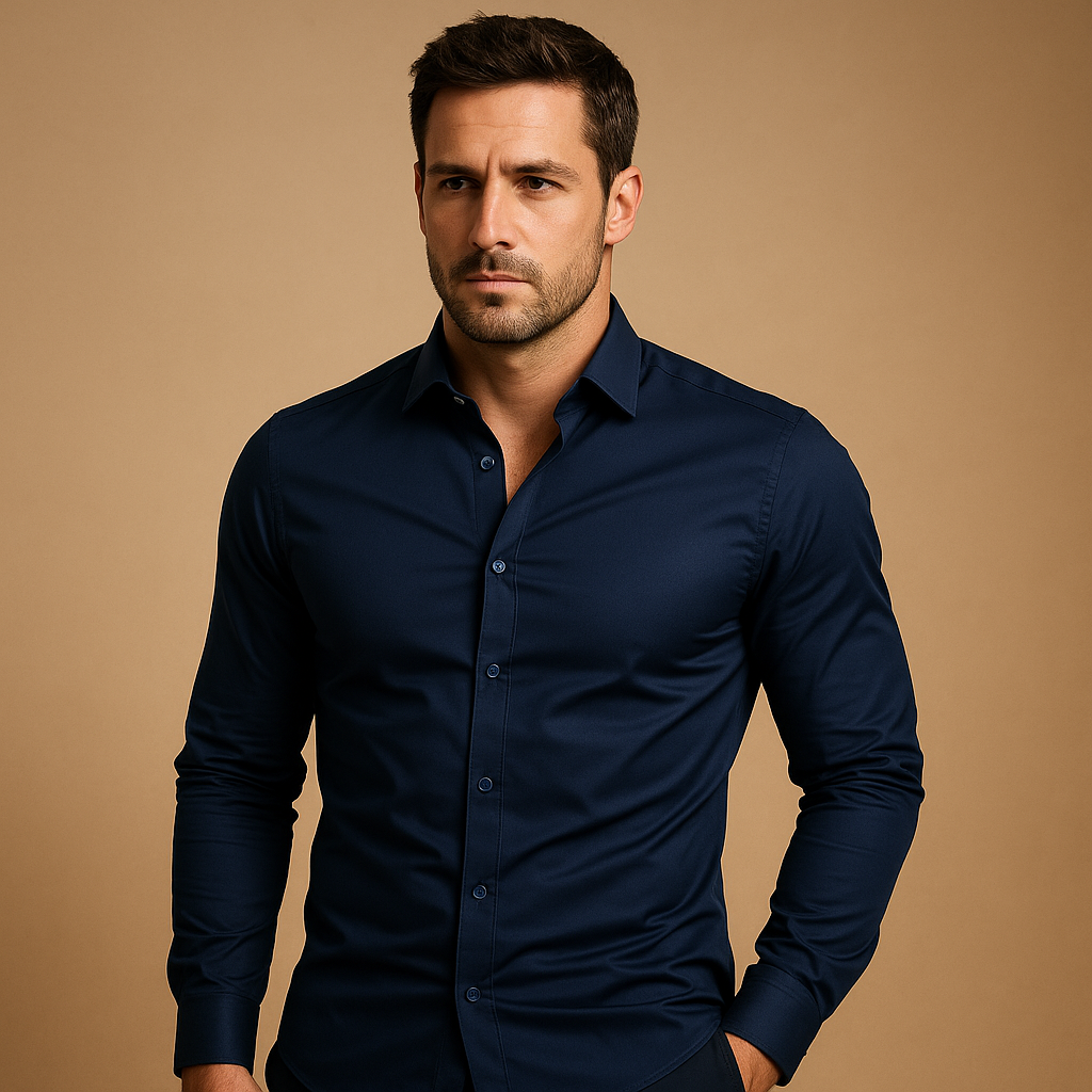 Men’s slim fit dress shirt in breathable cotton with classic turndown collar, perfect for office days and stylish casual outfits.