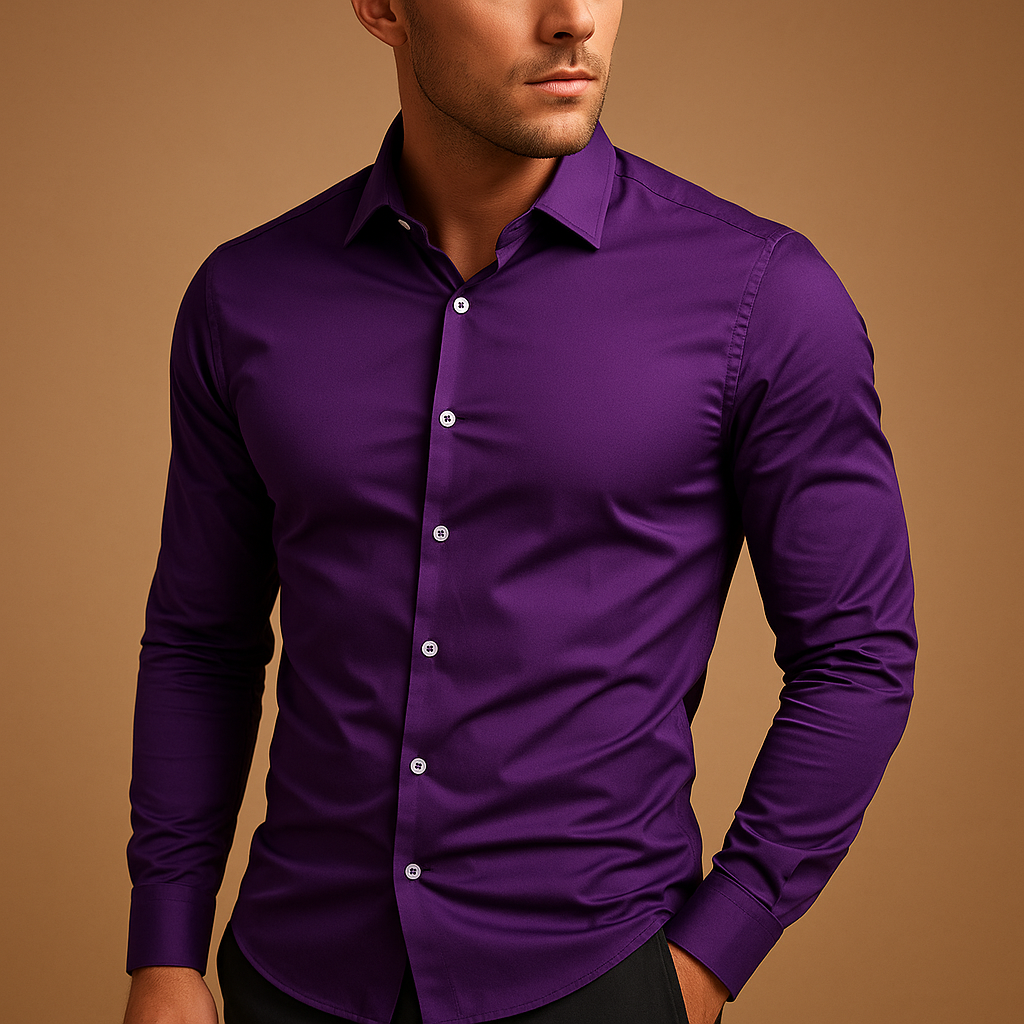 Men’s slim fit dress shirt in breathable cotton with classic turndown collar, perfect for office days and stylish casual outfits.
