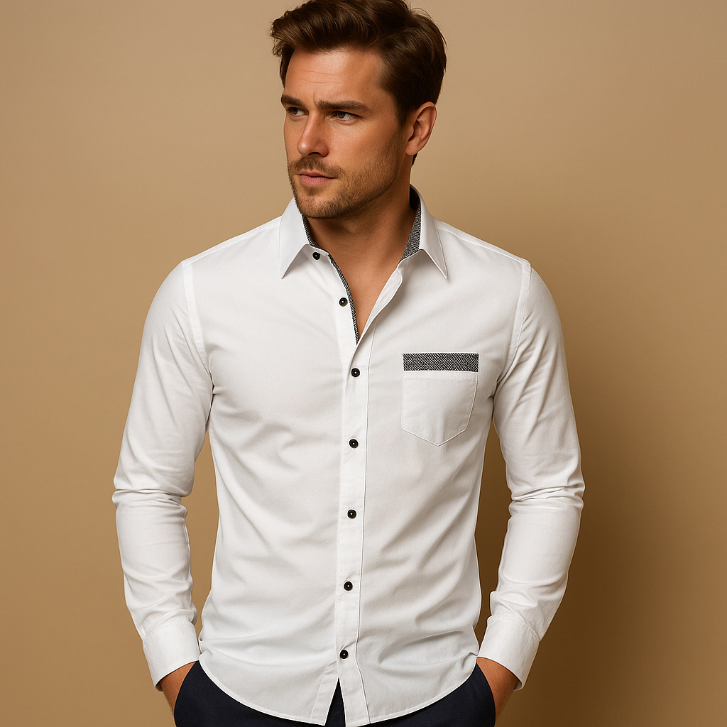 Slim fit long sleeve shirt for men with classic collar in coffee, black, green, champagne, grey, and red, perfect for work or casual outfits.