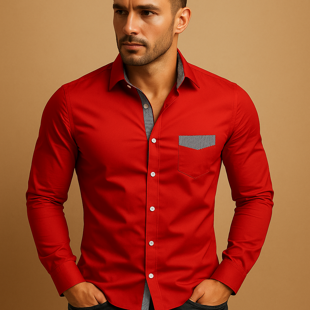 Slim fit long sleeve shirt for men with classic collar in coffee, black, green, champagne, grey, and red, perfect for work or casual outfits.