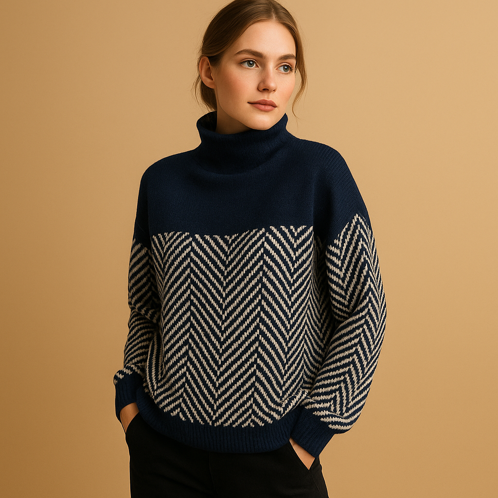 Women’s soft knit sweater with unique herringbone pattern, high neckline, and relaxed fit. Stylish and comfortable for casual, office, or evening wear.