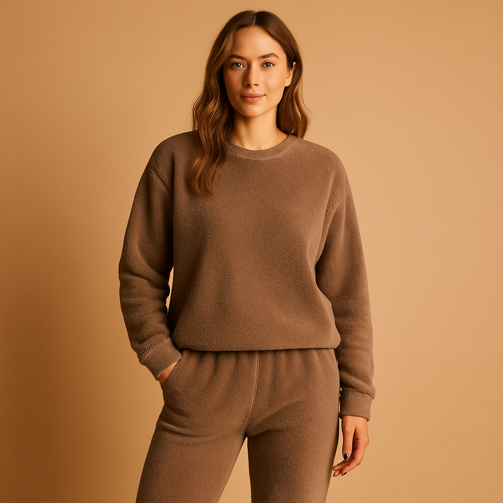 Women’s soft two-piece pajama set with long-sleeve top and matching pants, perfect for relaxing, lounging, or sleeping in style.