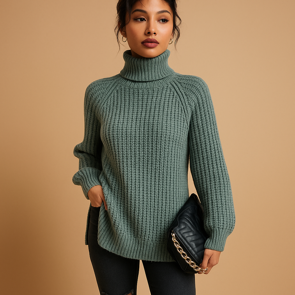 Women’s soft turtleneck sweater with elegant fit, warm high neck, and minimalist design. Ideal for autumn days, winter layering, and versatile styling.