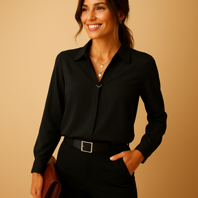 Elegant solid color blouse for women with a tailored fit, classic collar, and button closure, perfect for work or evening wear.