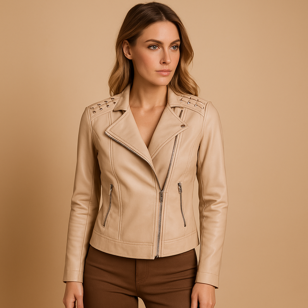 Women’s tailored stand-collar jacket with silver zipper and stud details, perfect for chic daily outfits and elegant occasions.