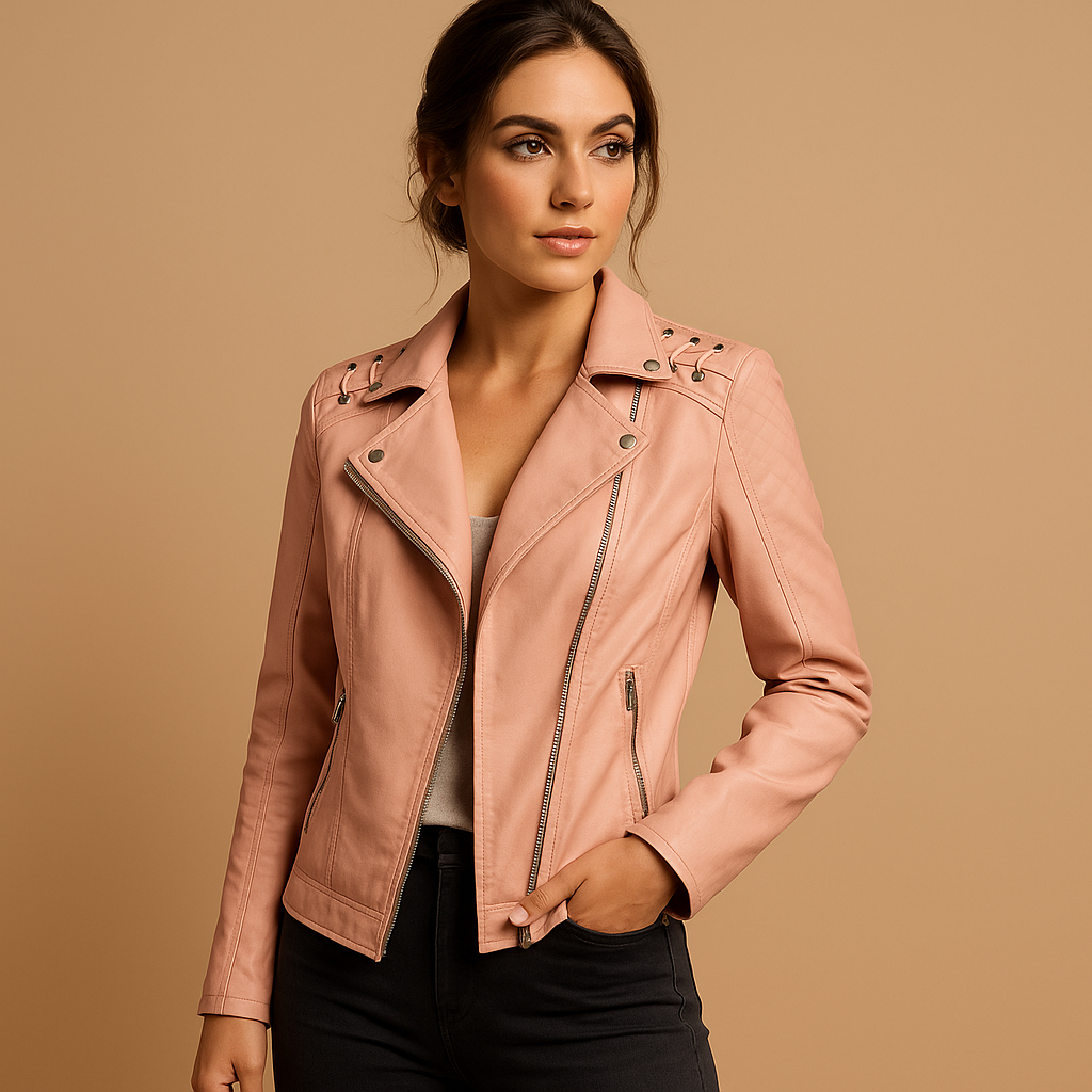 Women’s tailored stand-collar jacket with silver zipper and stud details, perfect for chic daily outfits and elegant occasions.