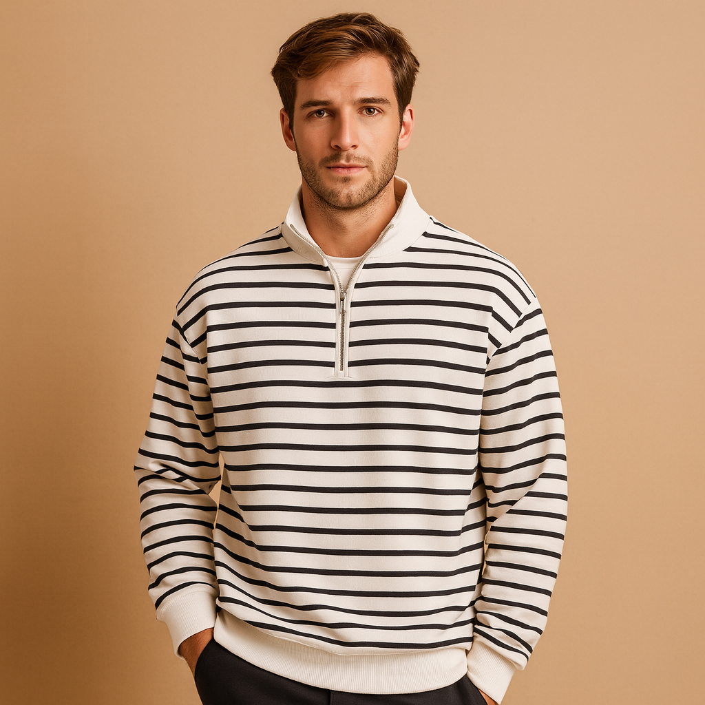 Men’s striped half-zip pullover in white with black stripes, featuring a comfortable casual fit and modern sporty style for everyday wear.