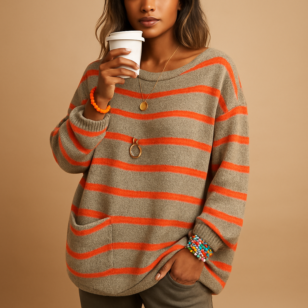 Women’s striped knit sweater with round neckline and long sleeves. Cozy fit with modern multicolor stripes, perfect for casual and office wear.