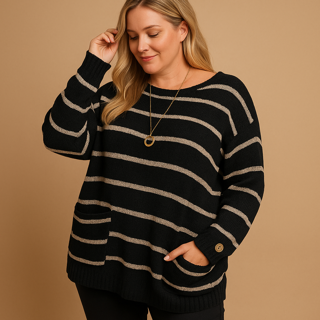 Women’s striped knit sweater with round neckline and long sleeves. Cozy fit with modern multicolor stripes, perfect for casual and office wear.
