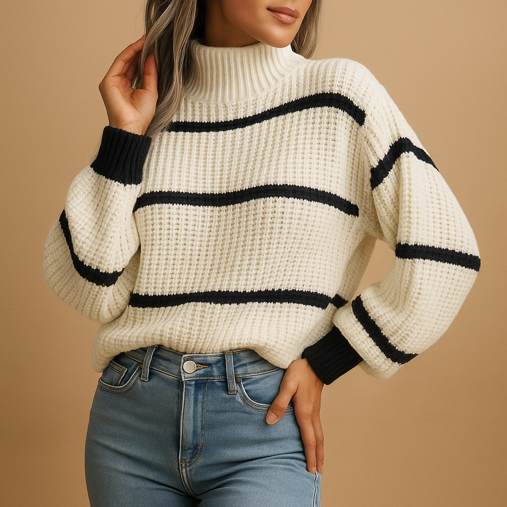 Women’s striped knitted sweater with high neck in classic black and white, featuring a loose fit and ribbed edges for casual or smart-casual outfits.