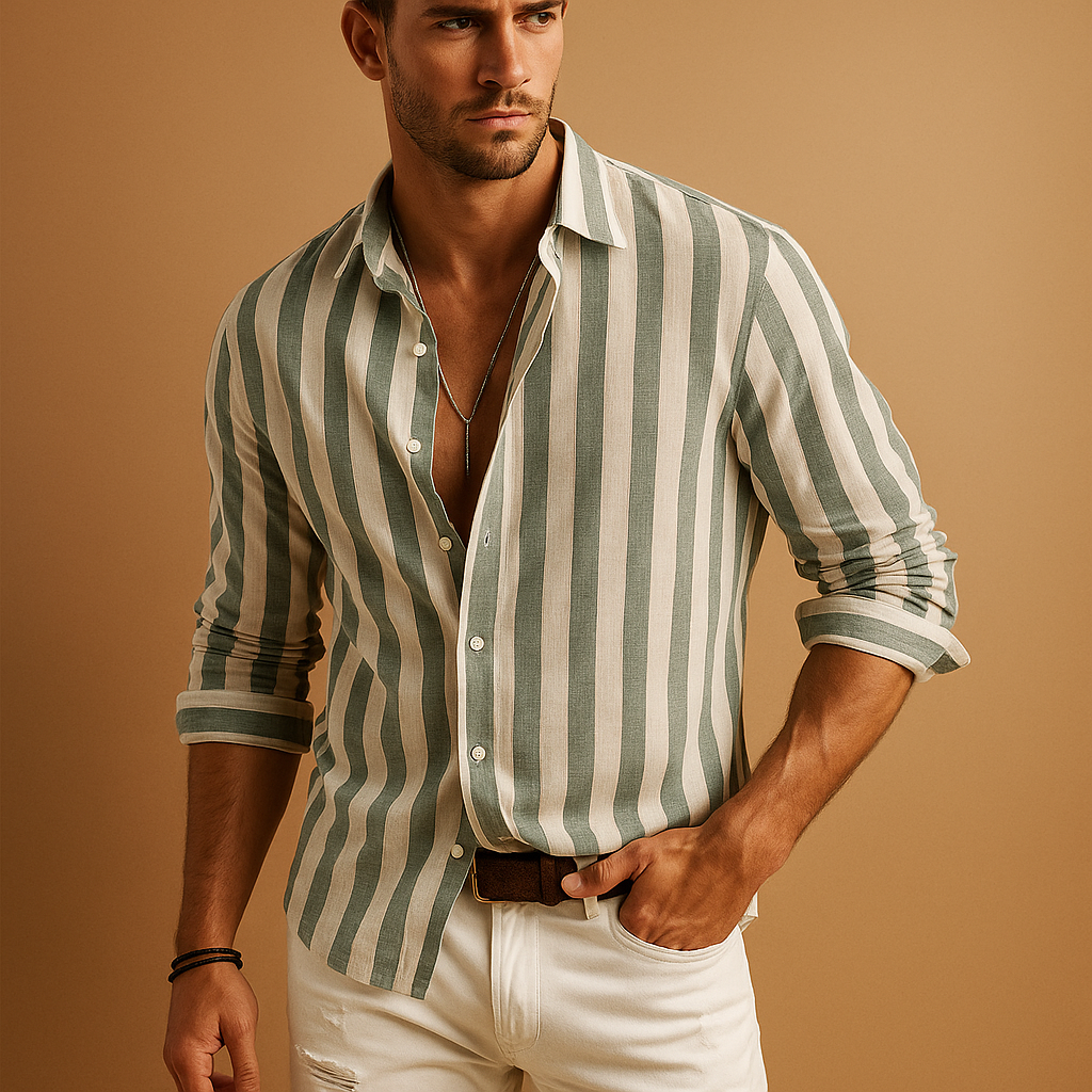Striped slim fit long sleeve shirt for men in blue-white with durable, colorfast fabric. Perfect for work, formal events, and everyday wear.