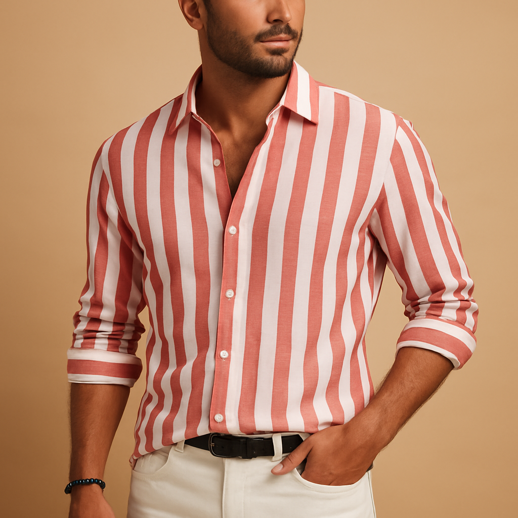 Striped slim fit long sleeve shirt for men in blue-white with durable, colorfast fabric. Perfect for work, formal events, and everyday wear.