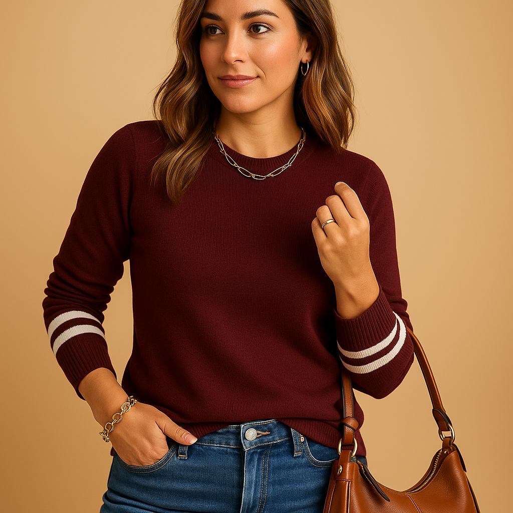 Women’s striped sleeve knit sweater with relaxed fit and breathable fabric, ideal for casual and chic transitional season outfits.