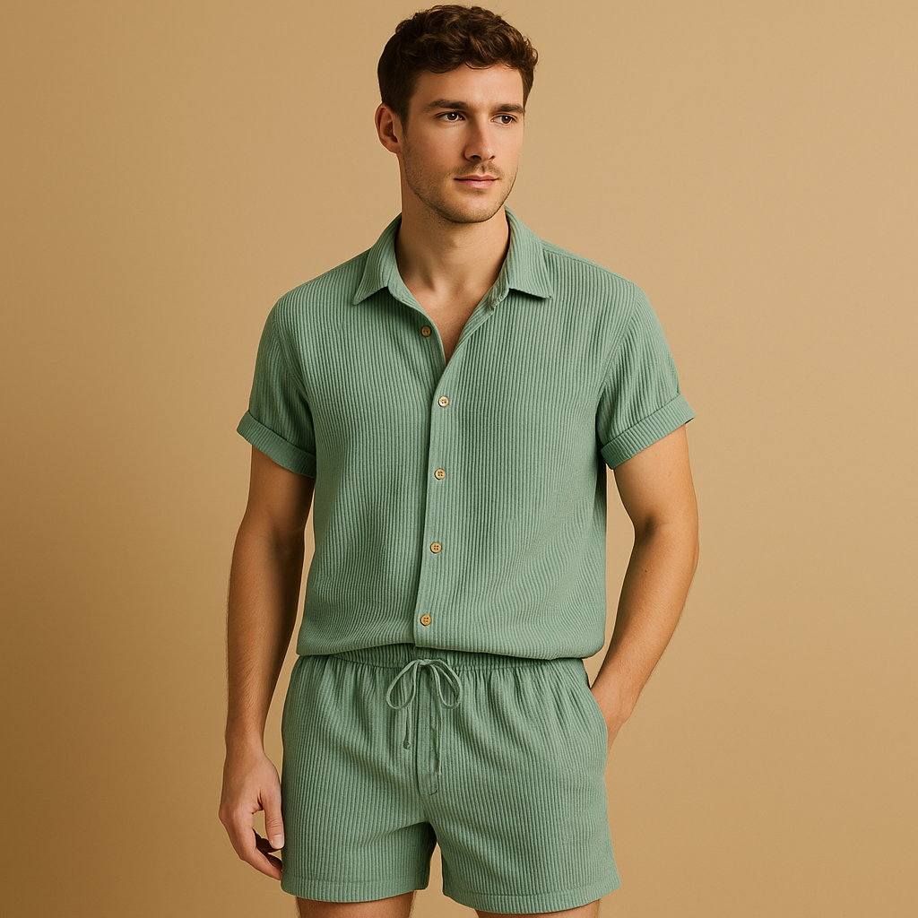 Stylish striped summer set for men with short sleeve shirt and matching shorts, ideal for beach trips, summer outings, or casual wear.