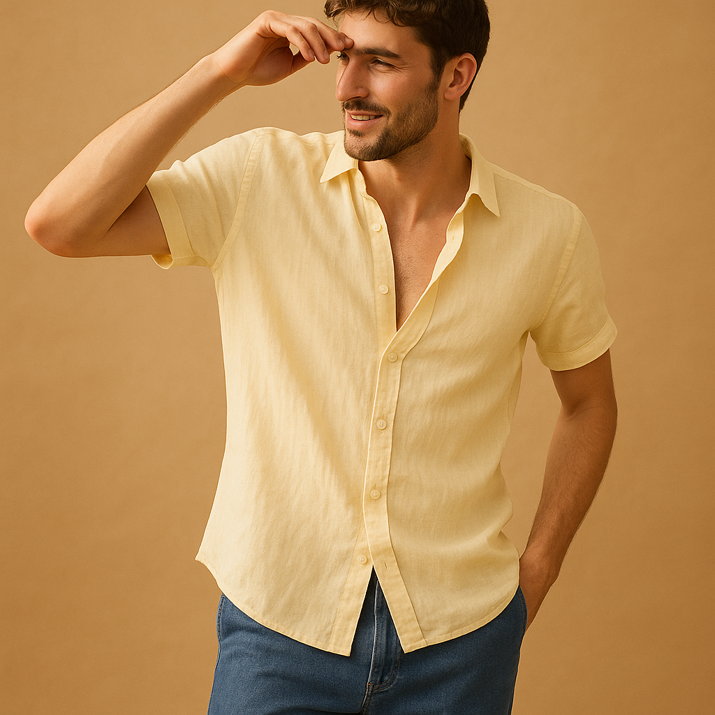 Men’s short sleeve summer shirt Mason in white, green, khaki, grey, black, or baby blue. Perfect for warm days, casual outings, and beachwear.