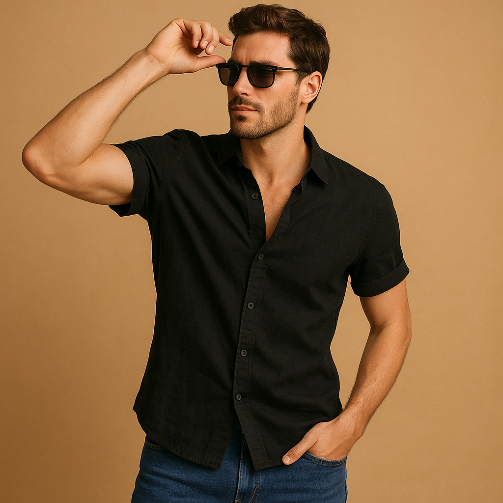 Men’s short sleeve summer shirt Mason in white, green, khaki, grey, black, or baby blue. Perfect for warm days, casual outings, and beachwear.