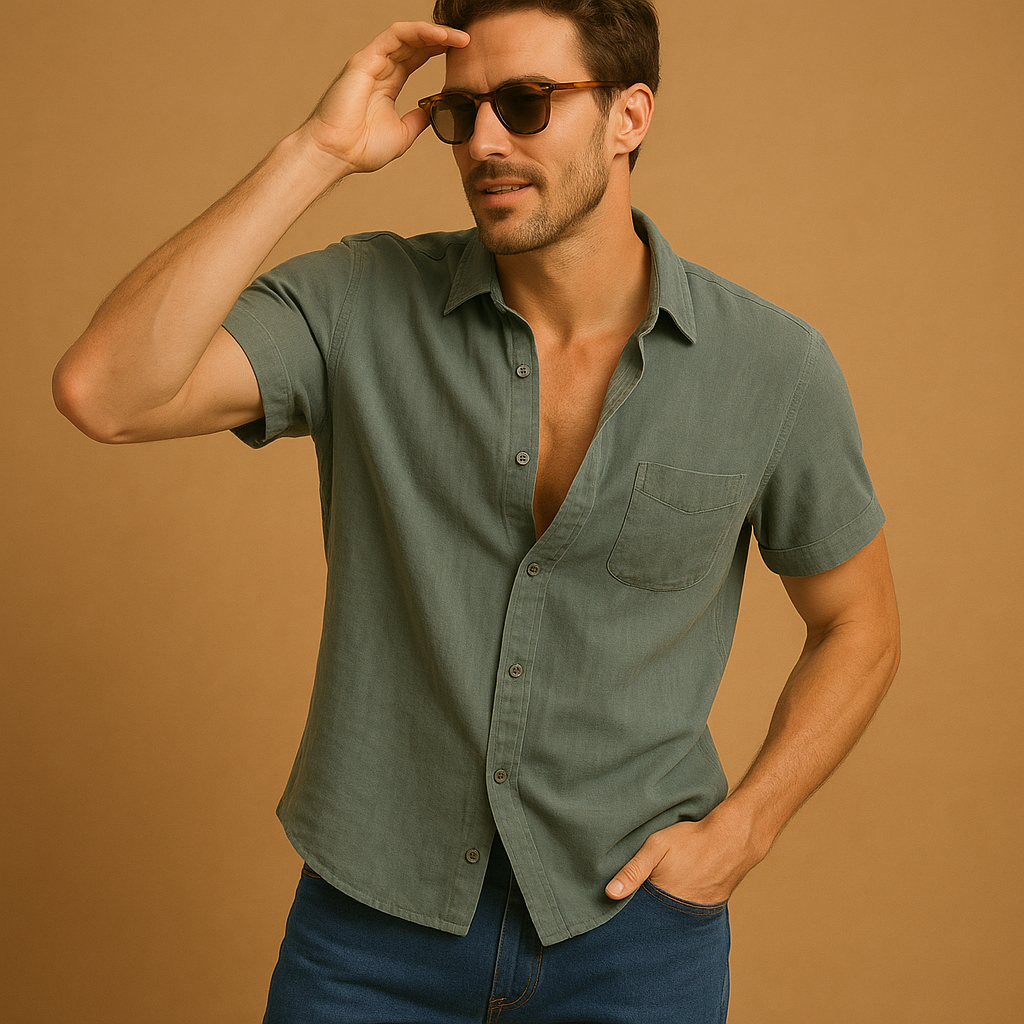 Men’s short sleeve summer shirt Mason in white, green, khaki, grey, black, or baby blue. Perfect for warm days, casual outings, and beachwear.
