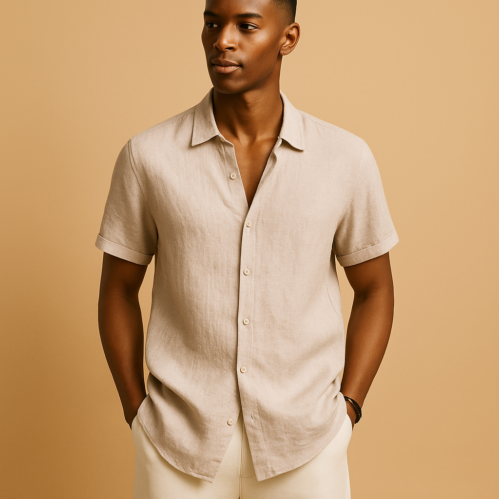Casual short sleeve summer shirt for men with a regular fit, shirt collar, and button detail. Ideal for holidays, beach walks, and everyday wear.