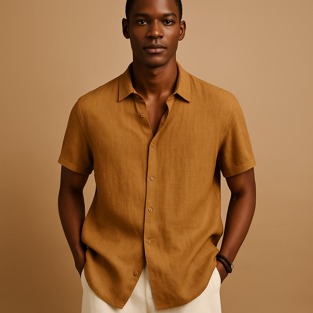 Casual short sleeve summer shirt for men with a regular fit, shirt collar, and button detail. Ideal for holidays, beach walks, and everyday wear.