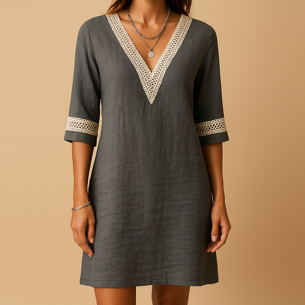 Women’s summer V-neck dress with lace details and three-quarter sleeves, relaxed fit, lightweight fabric, available in sizes S to 4XL.