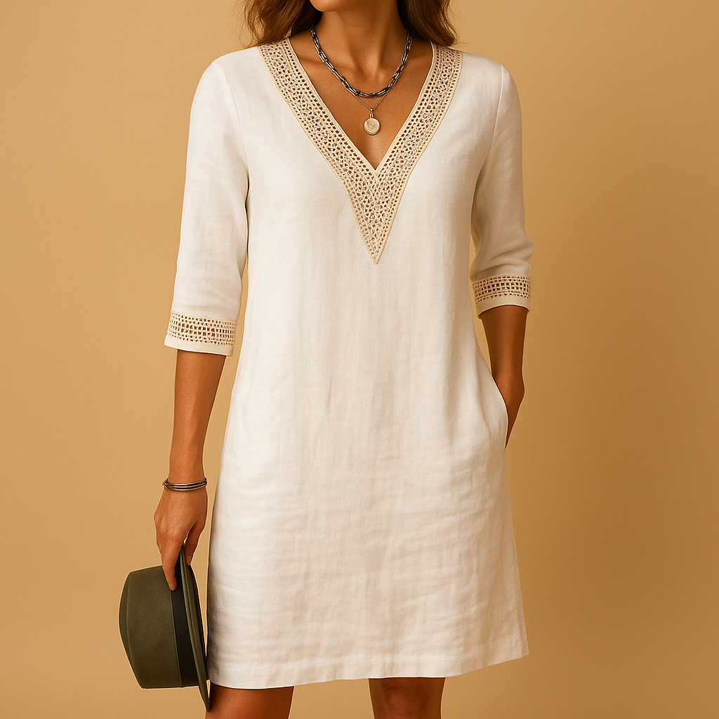 Women’s summer V-neck dress with lace details and three-quarter sleeves, relaxed fit, lightweight fabric, available in sizes S to 4XL.