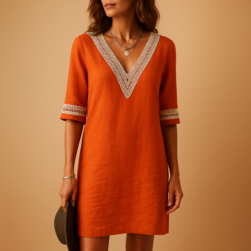 Women’s summer V-neck dress with lace details and three-quarter sleeves, relaxed fit, lightweight fabric, available in sizes S to 4XL.