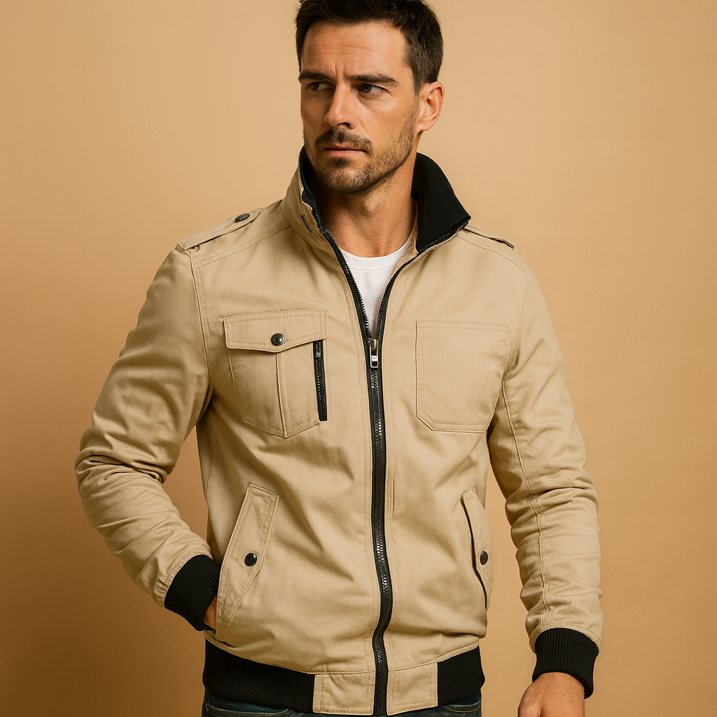 Men’s tactical bomber jacket with high collar, ribbed cuffs, and multiple pockets for everyday and outdoor wear.