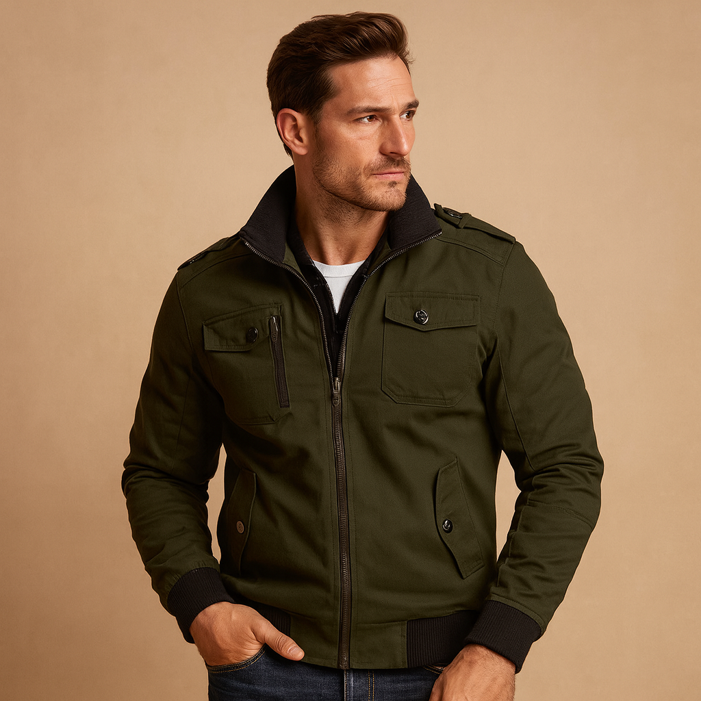 Men’s tactical bomber jacket with high collar, ribbed cuffs, and multiple pockets for everyday and outdoor wear.