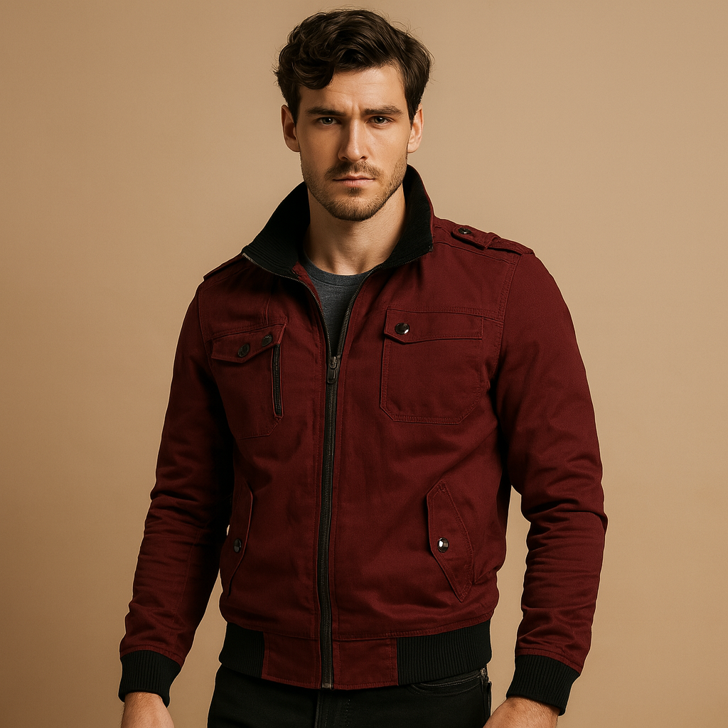 Men’s tactical bomber jacket with high collar, ribbed cuffs, and multiple pockets for everyday and outdoor wear.