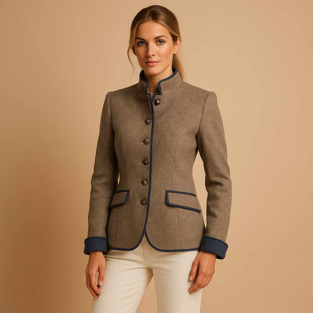 Tailored blazer coat for women in light brown with structured fit, ideal for work, business meetings, or elegant evening wear.