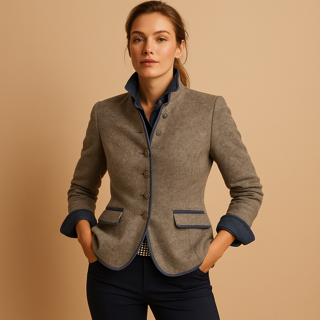 Tailored blazer coat for women in light brown with structured fit, ideal for work, business meetings, or elegant evening wear.