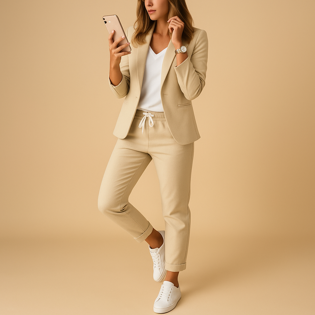 Elegant women’s tailored blazer and pants set in matching colors, perfect for work, business meetings, and evening occasions.
