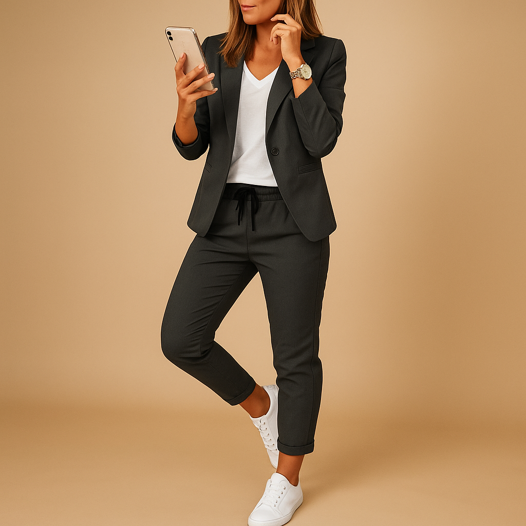 Elegant women’s tailored blazer and pants set in matching colors, perfect for work, business meetings, and evening occasions.