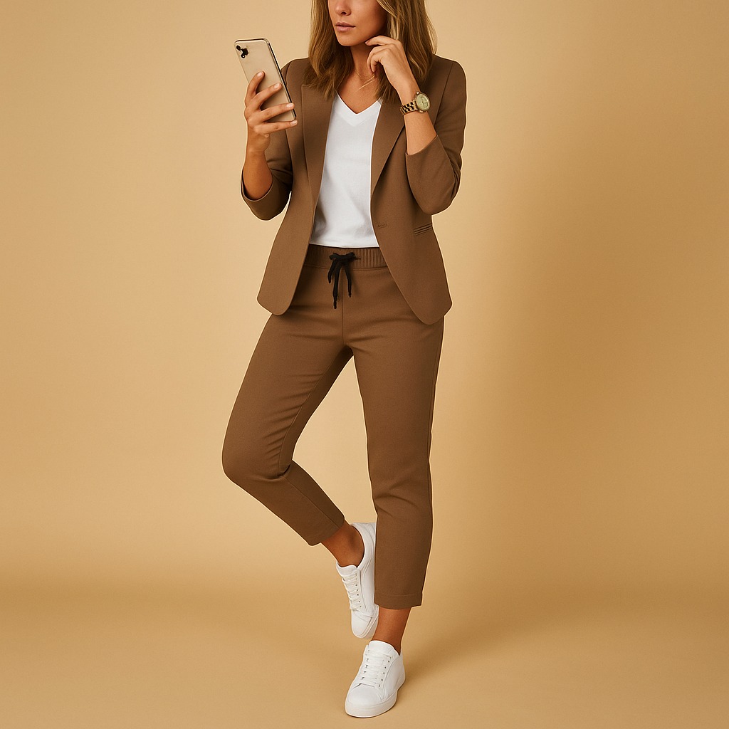 Elegant women’s tailored blazer and pants set in matching colors, perfect for work, business meetings, and evening occasions.