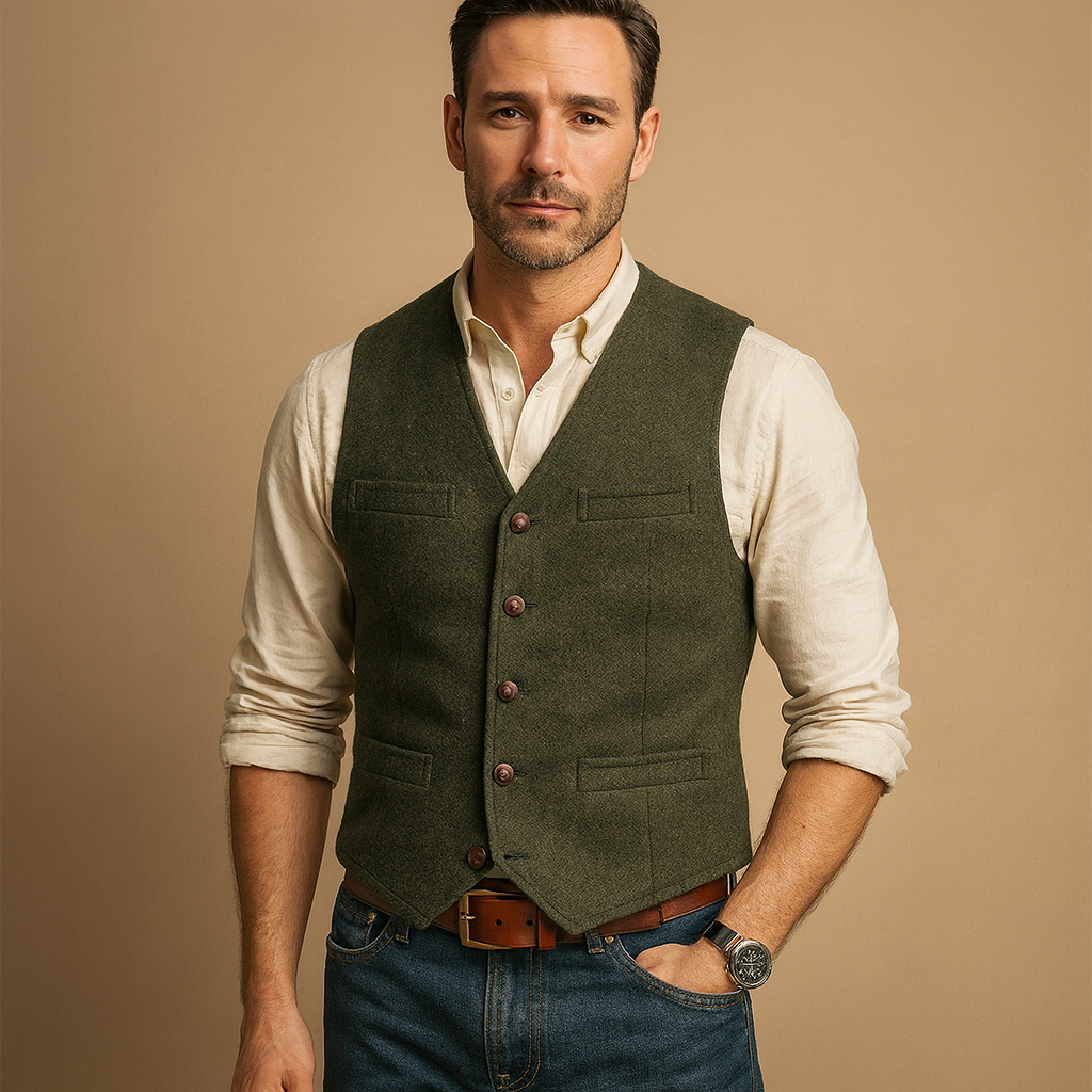 Men’s tailored button vest with adjustable fit and practical pockets, perfect for autumn and winter formal events or layered casual outfits.
