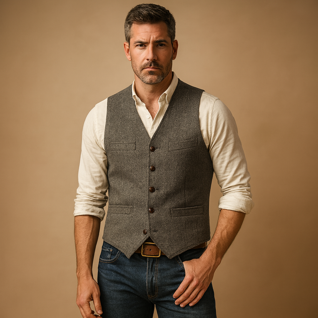 Men’s tailored button vest with adjustable fit and practical pockets, perfect for autumn and winter formal events or layered casual outfits.