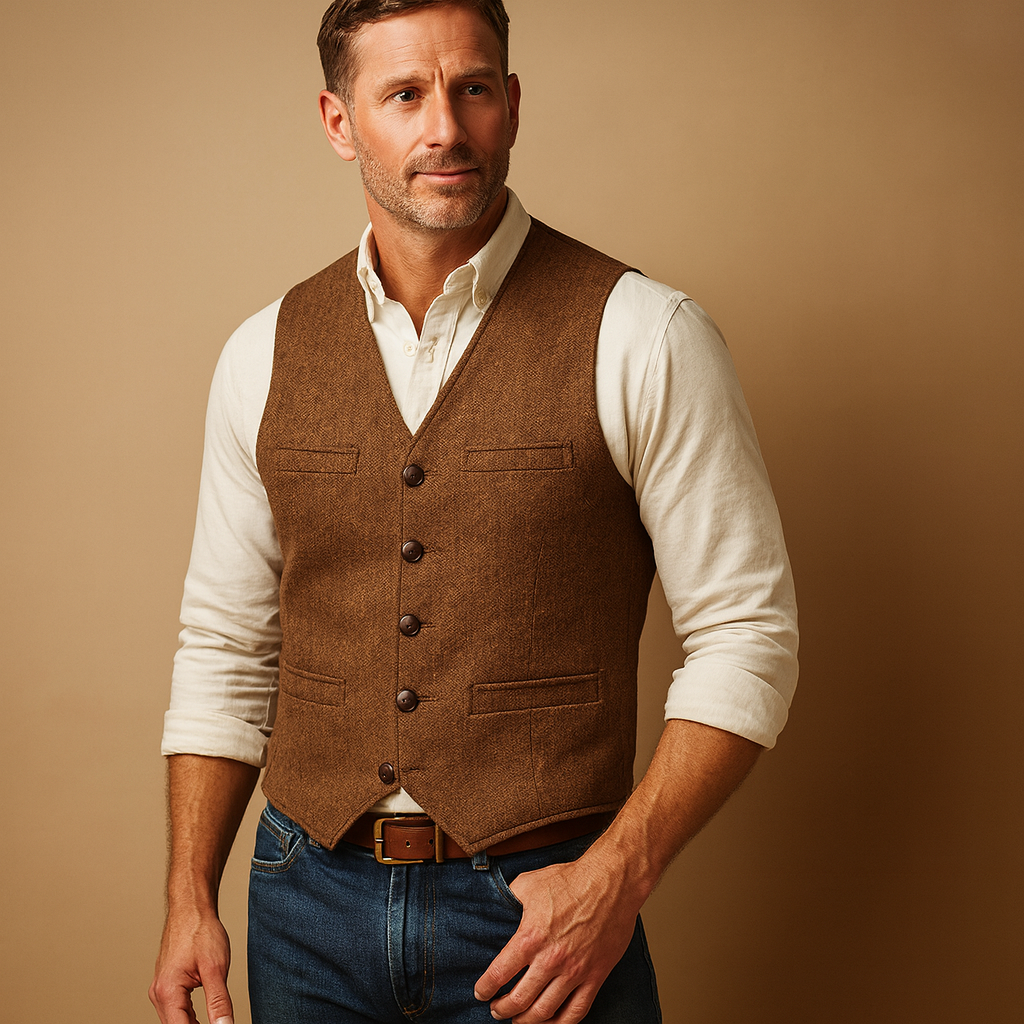Men’s tailored button vest with adjustable fit and practical pockets, perfect for autumn and winter formal events or layered casual outfits.
