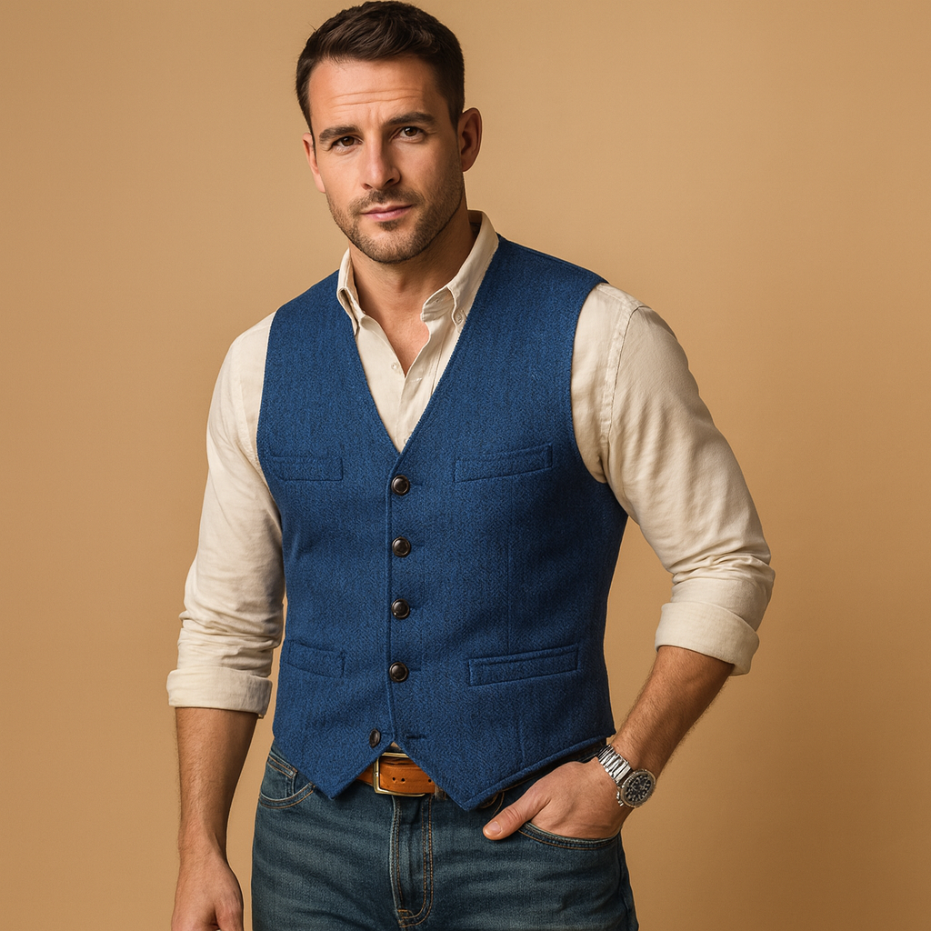 Men’s tailored button vest with adjustable fit and practical pockets, perfect for autumn and winter formal events or layered casual outfits.