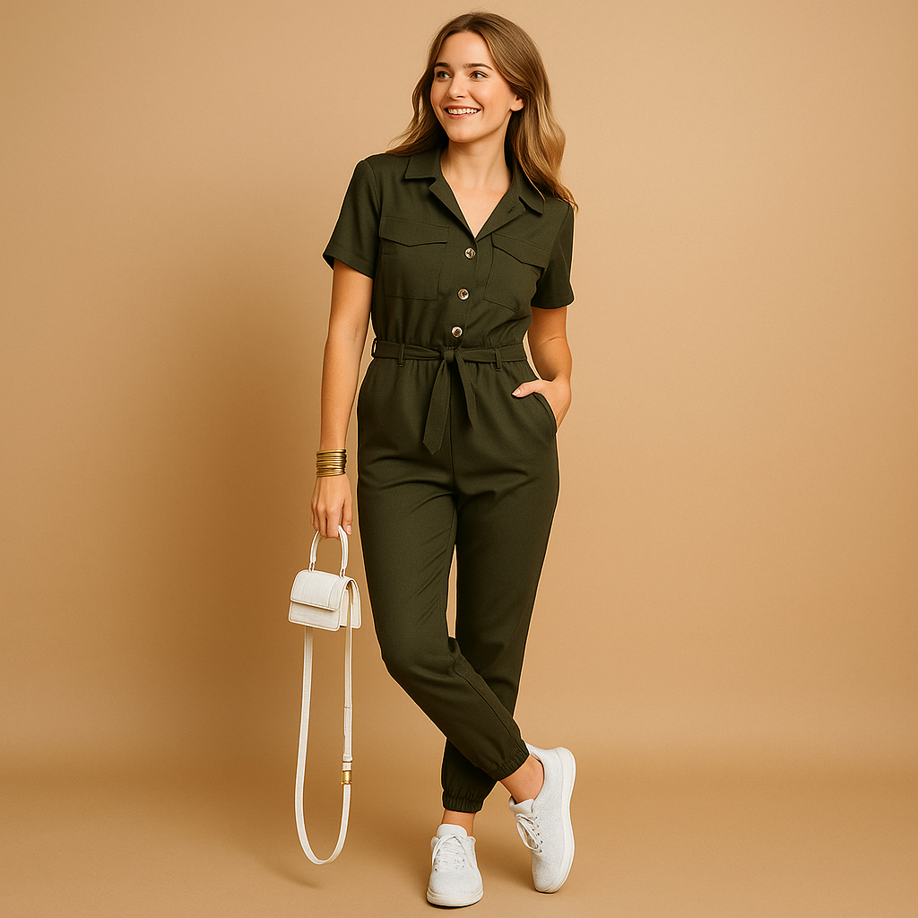 Tailored cargo jumpsuit for women with V-neckline and cargo pockets, perfect for casual days, events, or stylish everyday wear.