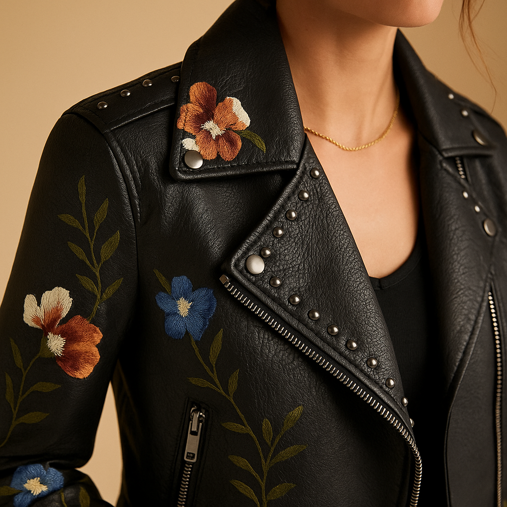 Women’s tailored leather jacket in black or beige with slim fit silhouette, zipper closure, and practical pockets. A versatile and stylish choice for cool days.