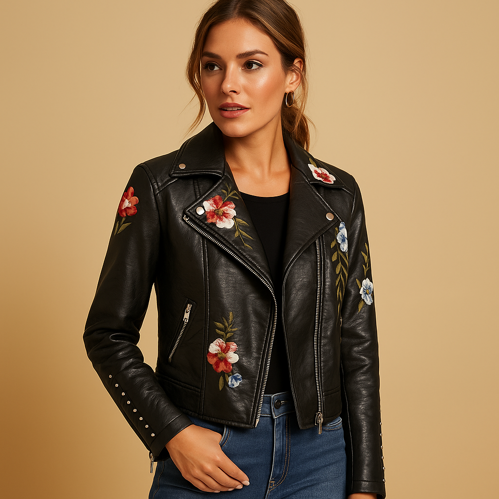 Women’s tailored leather jacket in black or beige with slim fit silhouette, zipper closure, and practical pockets. A versatile and stylish choice for cool days.
