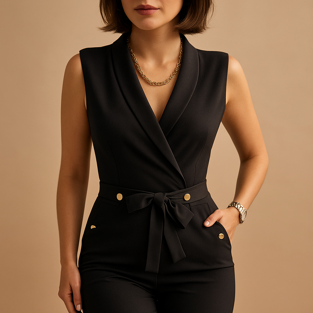 Tailored sleeveless jumpsuit for women with deep V-neckline and waist tie, perfect for parties, dinners, and elegant evening occasions.